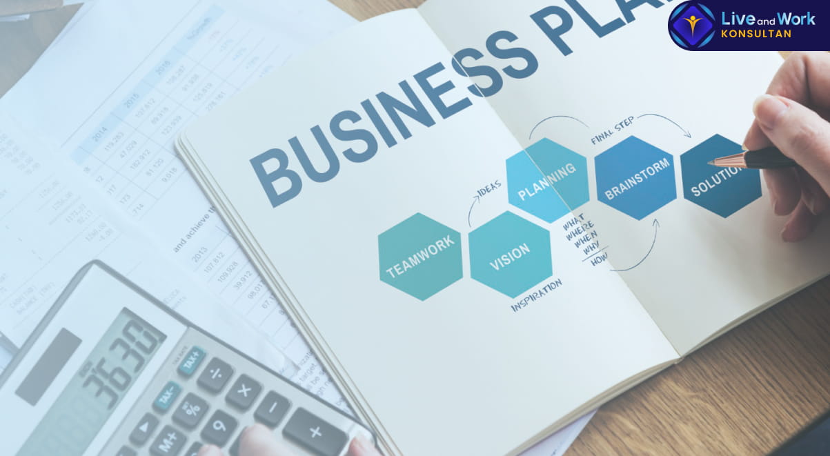 Infografis langkah strategis Membuat Rencana Bisnis profesional untuk menarik investor tahun 2026 yang dipandu oleh konsultan live and work