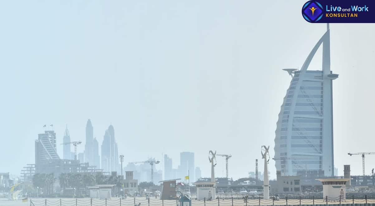 Infografis langkah-langkah sistematis Mengurus Visa UEA (Dubai) untuk keperluan bisnis dan wisata tahun 2026 yang dipandu oleh konsultan live and work.