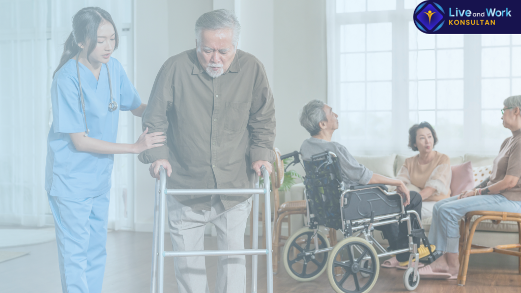 Infografis langkah pelayanan Fisioterapi Lansia Rumah profesional dengan pemantauan teknologi AI oleh tim konsultan live and work