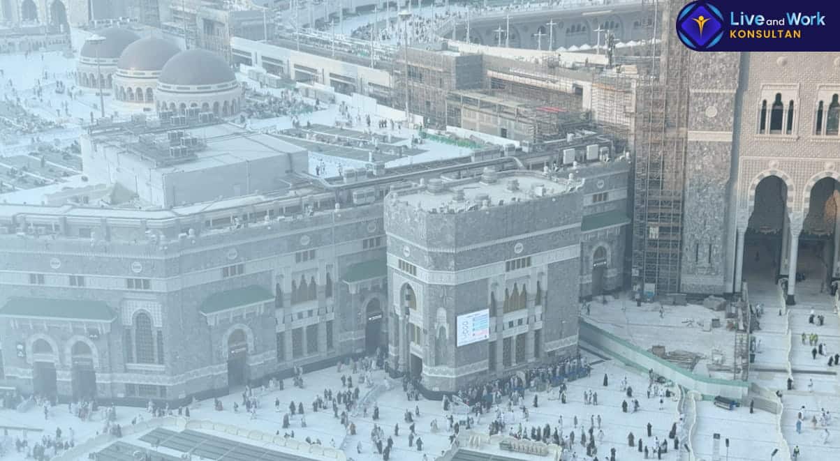 Infografis langkah-langkah pengajuan Visa Arab Saudi dan persyaratan terbaru tahun 2026 yang dipandu oleh konsultan live and work.