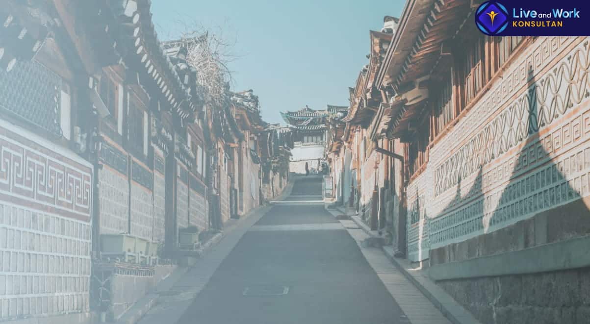 Infografis langkah-langkah teknis tentang cara Membuat Visa Korea Selatan untuk kebutuhan turis dan kunjungan bisnis tahun 2026 yang dikelola oleh konsultan live and work.